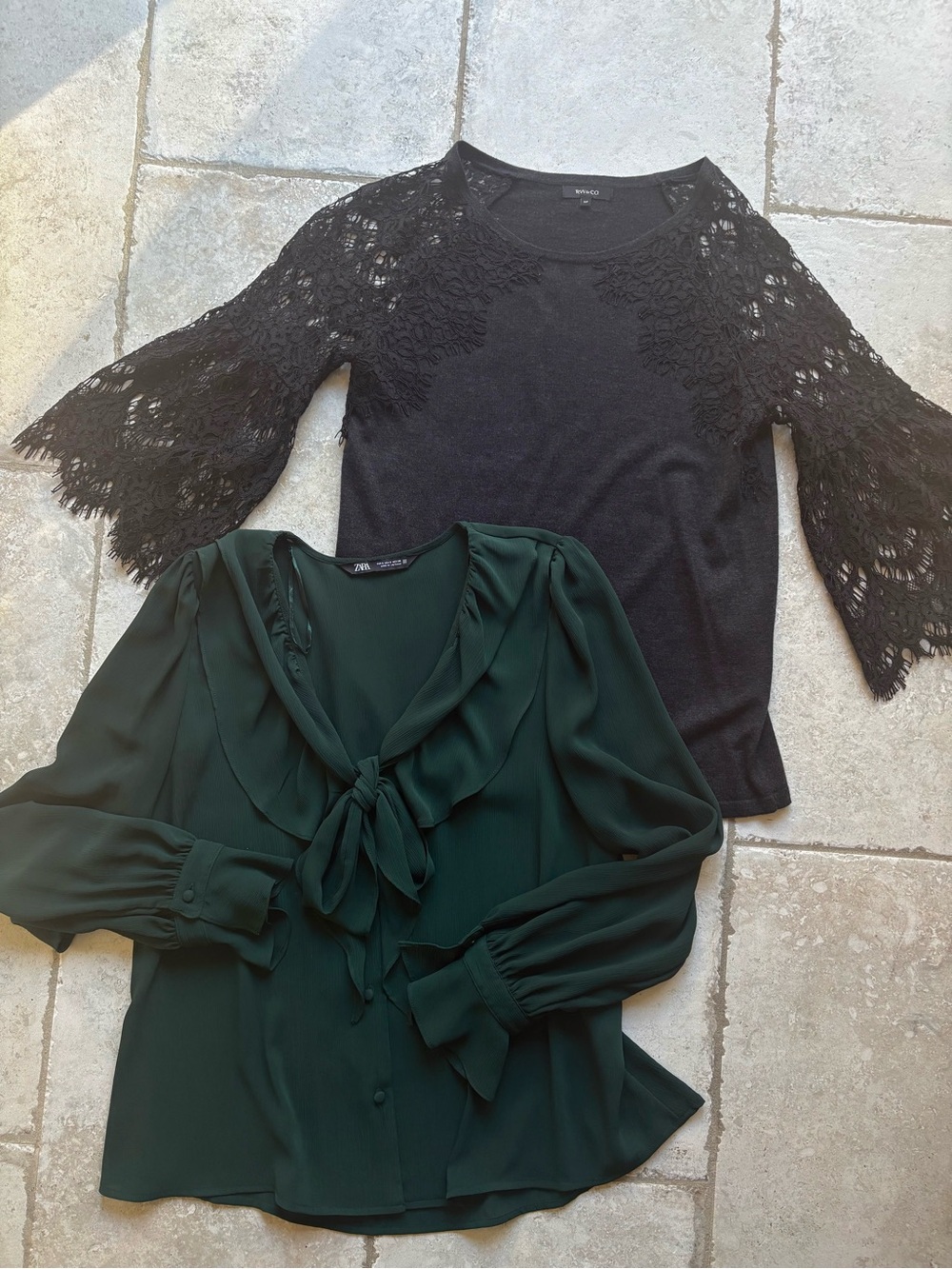 Zara Emerald Green Ruffle Tie-Neck Blouse + RW&CO Black Lace Sleeve Top Bundle S
